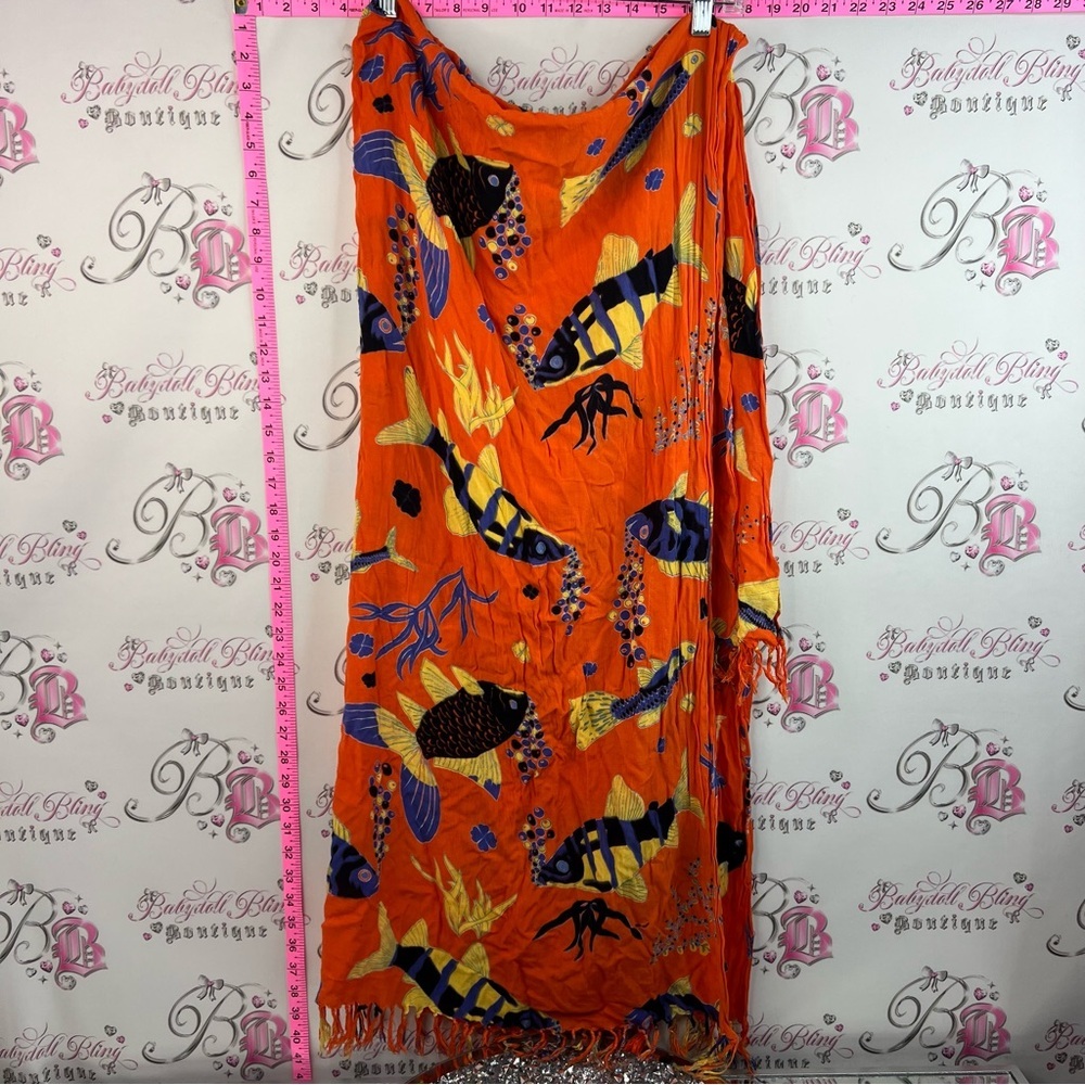 Scarf wrap fish Vibrant Orange Rayon Tapestry with Yellow & Blue Fish Print - Picture 7 of 8